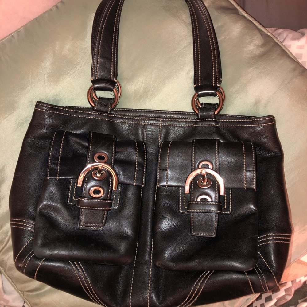 COACH 8A09 black Leather Soho satchel Handbag